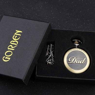 Vintage Silver Bronze Pocket Watch Necklace THE GREATEST Dad & Grandpa Gift Set Fob Chain Quartz Mens Watches