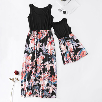 floral mother daughter vest dresses mommy and me clothes family matching outfits look sleeveless high waist mom mum baby dress