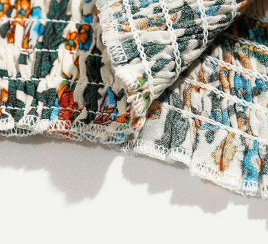 Shirred Self-Tie Floral Print Short Sleeve Crop Top