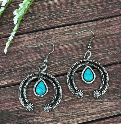 Western Silvertone with Turquoise Teardrop Bead Earring