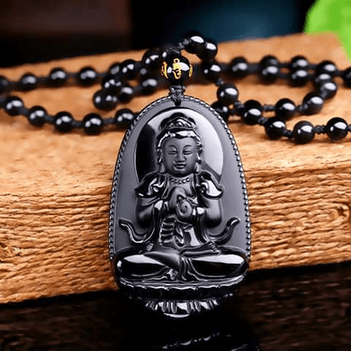 Obsidian Carved Buddha Necklace
