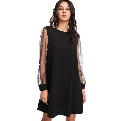 Elegant Womens Pearl Beading Mesh Sleeve Tunic Dress