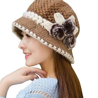 Warm Knitted Slouchy Wool Beanie Crochet Flowers Decorated Ears Hat Warm Knitted Slouchy Wool Beanie Hat Cap Visor