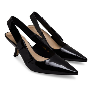 Elegant Bow Side Slingback Mule Sandal Medium Luigi XV Heel Patent Leather Elastic Closure