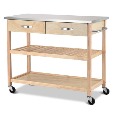 Rolling Kitchen Trolley Cart Island with Stainless Steel Countertop-Wood