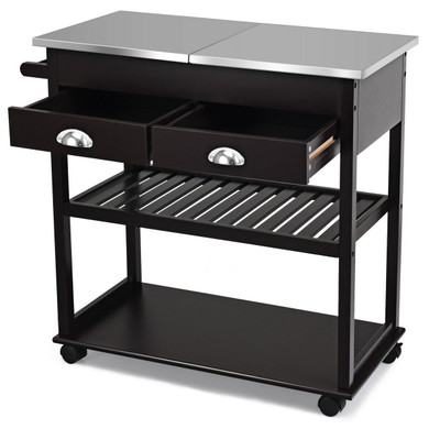 Stainless Steel Mobile Kitchen Trolley Cart With Drawers & Casters-Brown