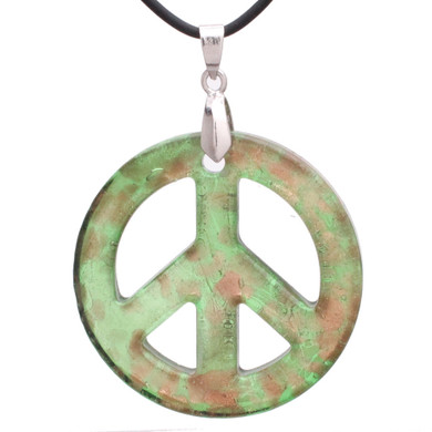 Bleek2sheek Murano-inspired Glass Mint Green and Golden flecked Peace Sign Pendant Necklace