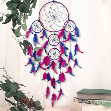 Big 5 Ring Beaded Pink & Blue Feathers Dream Catcher