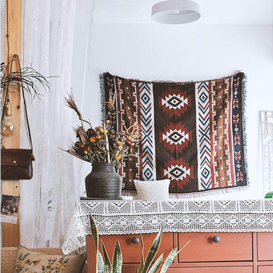National Style Geometry Black red Kilim Throw Blanket