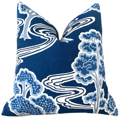 Schumacher Tree River Pillow Cover / Deep Blue & Ivory