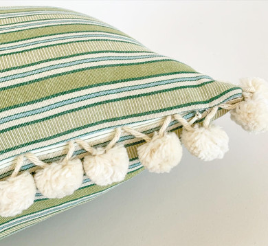 Apple Green Striped Pom Pom Pillow Cover