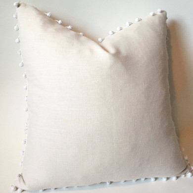 Simple Cream Linen Pillow Cover with Boho Cream Fringe or Ivory Pom poms