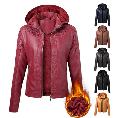 The New Autumn and Winter Women Leather Clothing Can Be Detached Hooded Leather Jacket Women Plus Velvet Warm Jacket Women
