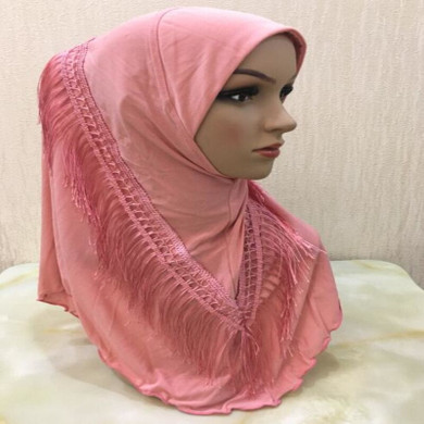 H019 high quality medium size 70*60cm muslim amira hijab with tassels pull on islamic scarf head wrap