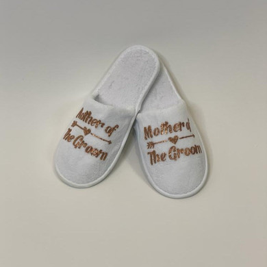 Sample Sale - White Slippers "Mother of the Groom" in Rose Gold Glitter