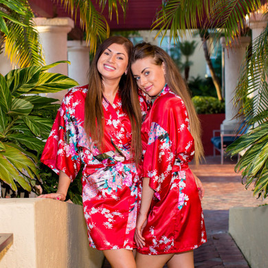 Floral Peacocks Plus size Red Bridesmaid Kimono Robes