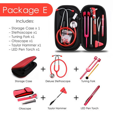 Red Color Medical Stethoscope Otoscope Tuning Fork Reflex Hammer LED Penlight Torch Tool Health Monitor Storage Case Full kit