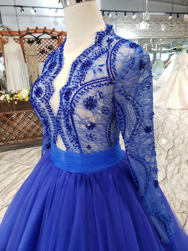 Blue Long Sleeves V Neck Tulle Prom Dress with Beading D202