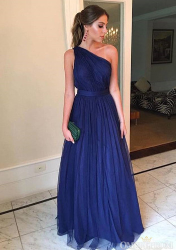 Navy Blue One Shoulder Sleeveless Floor Length Prom Dress D17