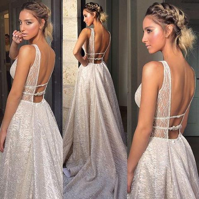 Sparkly Boho Beach Wedding Dress A Line Sweep Train V Neck Bridal Gowns W567
