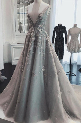Deep V Neck Sleeveless Prom Dress Long Party Gown with Appliques D360