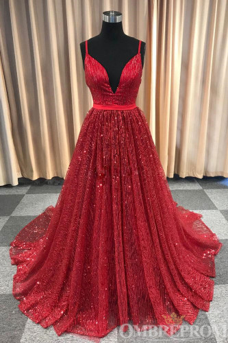 Stunning Spaghetti Straps Sleeveless V Neck A Line Prom Dress D344