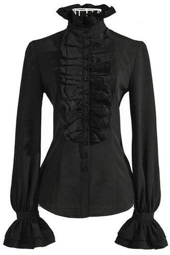 Stand-Up Ruffled Collar Buttoned Down Long Sleeves Shirt