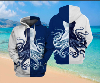 Blue Octopus Art Contrast Hoodie
