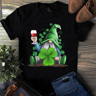Hippie Gnome Drinking Wine With Shamrock Saint Patricks Day T-Shirt