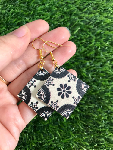 Boho-style Mandala Art Wooden Earrings In Square Shape Handmade