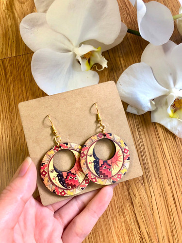 Boho-style Sun Moon Art Wooden Earrings In Round Shape Handmade