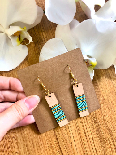 Boho-style Pattern Wooden Earrings In Rectangle Shape Handmade