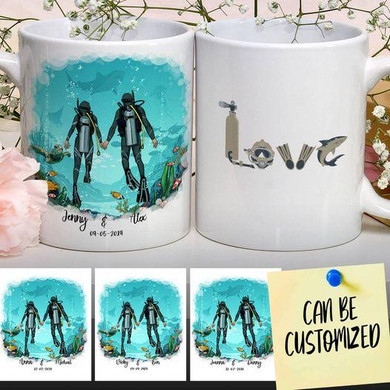 Personalized Customized Name & Date For Scuba Diving Couple Love Valentine Gift Mug