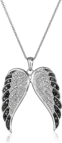 Sterling Silver Black and White Diamond Angel Wings Pendant Necklace (1/2 cttw), 18" Sterling Silver Black and White Diamond Angel Wings Pendant Necklace (1/2 cttw), 18"