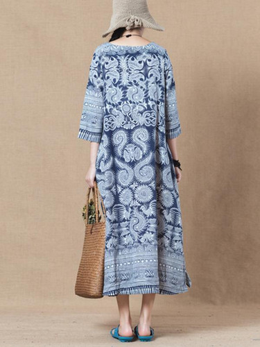 Print Linen Cotton Loose Maxi Dress Print Linen Cotton Loose Maxi Dress