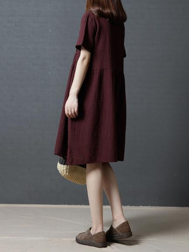 Plaid V Neck Short Sleeve Loose Linen Cotton Dress Plaid V Neck Short Sleeve Loose Linen Cotton Dress