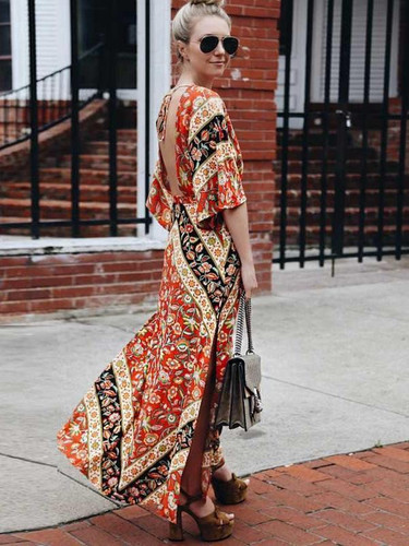 Print Backless Side Split Maxi Dress