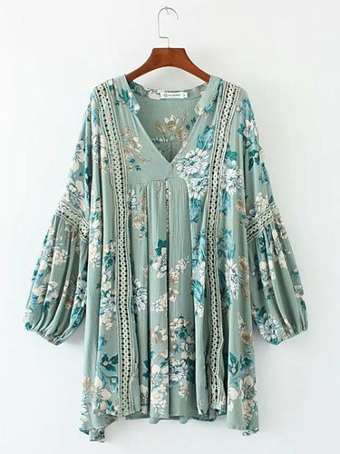 Floral V Neck Puff Sleeve Mini Dress