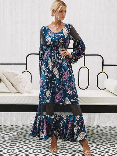 Floral Print V Neck Long Sleeve Beach Maxi Dress