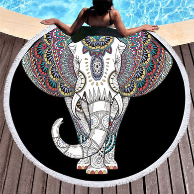 Black & Color Indian Elephant Round Beach Towel