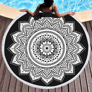 Black & White Indian Mandala Round Beach Towel