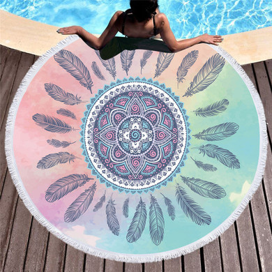 Blue & Pink Mandala Feather Round Beach Towel