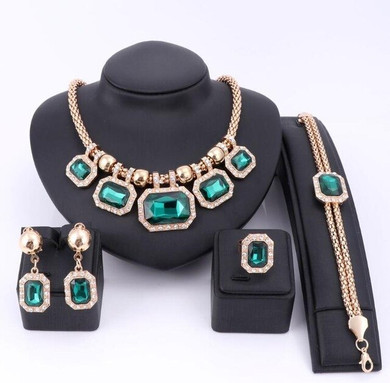 Gold-Plated Green Crystal Necklace, Bracelet, Earrings & Ring Wedding Statement Jewelry Set Gold-Plated Green Crystal Necklace, Bracelet, Earrings & Ring Wedding Statement Jewelry Set