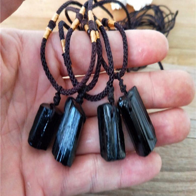 Natural Raw Black Tourmaline Stone Pendant and Rope Necklace