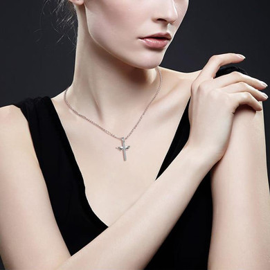 Sterling Silver Crystal Cross Pendant with Angel Wings Necklace