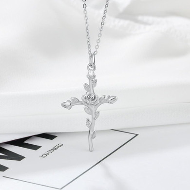 Sterling Silver Rose Stem Cross Pendant and Necklace Sterling Silver Rose Stem Cross Pendant and Necklace