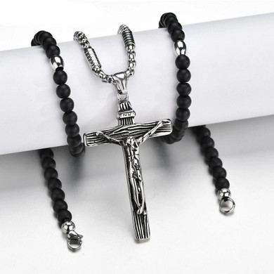 Silver Jesus Christ Crucifix Pendant with Bead Necklace Silver Jesus Christ Crucifix Pendant with Bead Necklace
