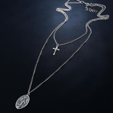 Cross and Mary Pendant on 2-Layer Chain Link Necklace