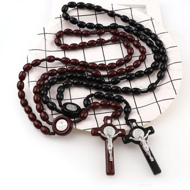 St. Benedict Jesus Cross Resin Beads Rosary Wooden Pendant Necklace