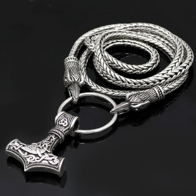 Odin's Raven with Thor's Hammer Pendant Chain Necklace Odin's Raven with Thor's Hammer Pendant Chain Necklace
